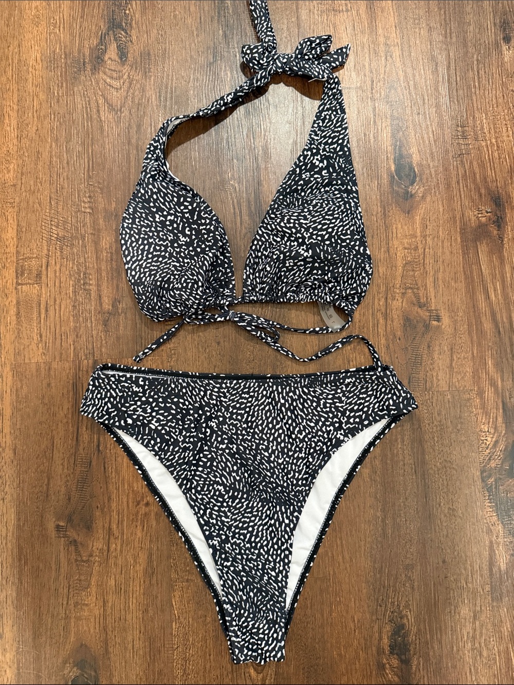 SHEIN Black and White Speckled High-Waist Triangle Bikini Set